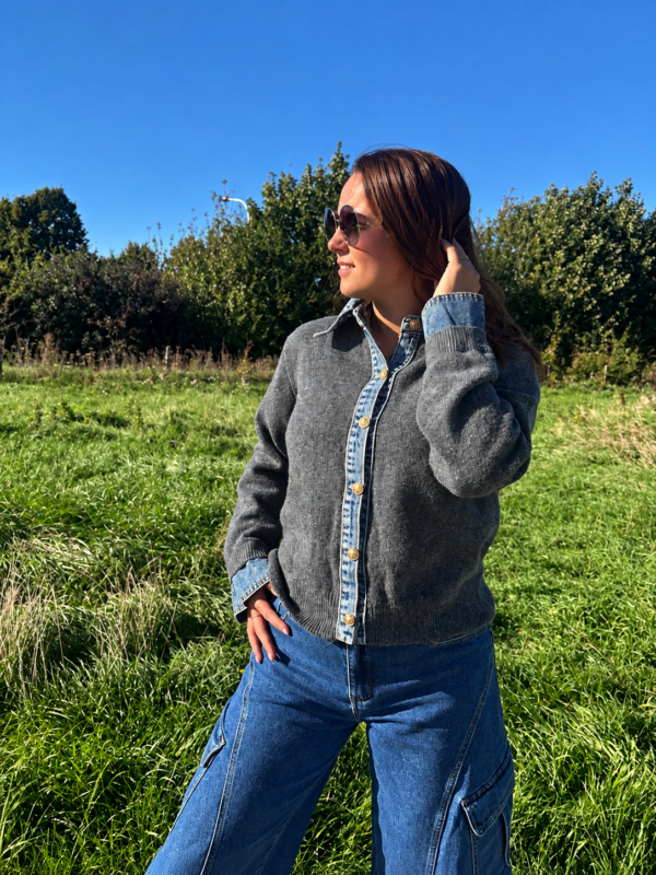 GREY DENIM COLLAR CARDIGAN