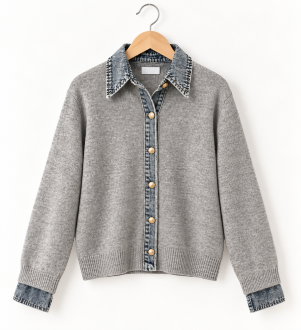 GREY DENIM COLLAR CARDIGAN