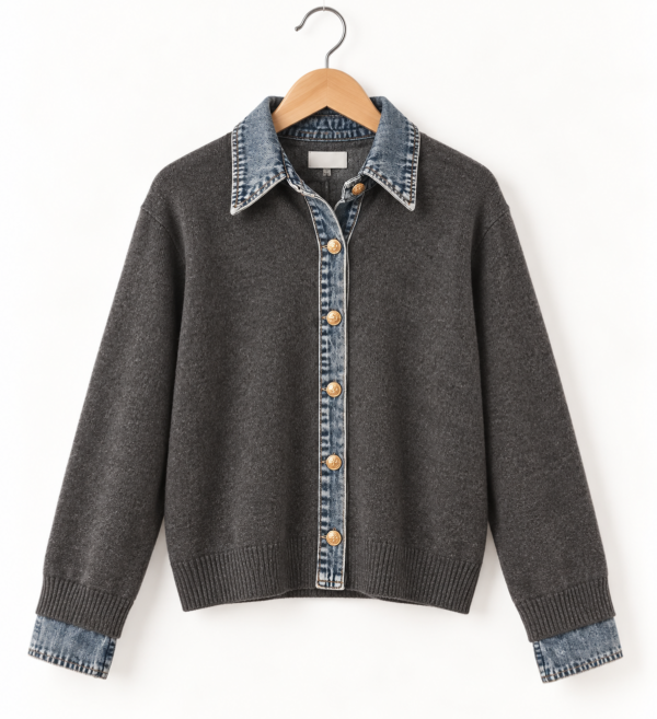 GREY DENIM COLLAR CARDIGAN