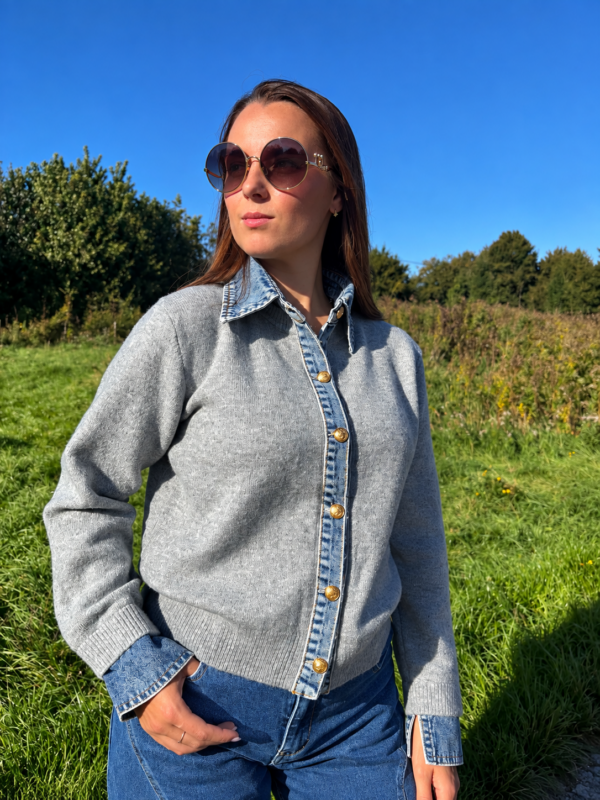 GREY DENIM COLLAR CARDIGAN