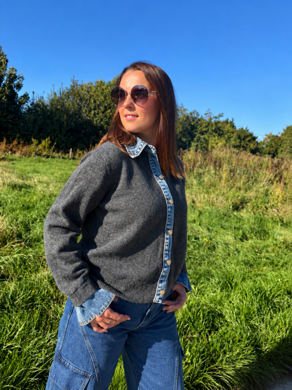 GREY DENIM COLLAR CARDIGAN