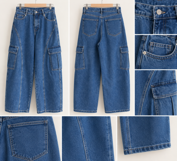 CARGO WIDE LEG JEANS-MID BLUE