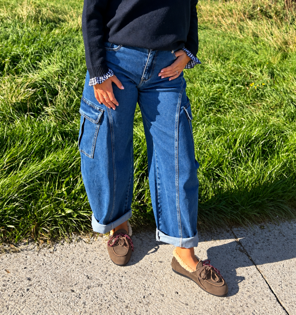 CARGO WIDE LEG JEANS-MID BLUE